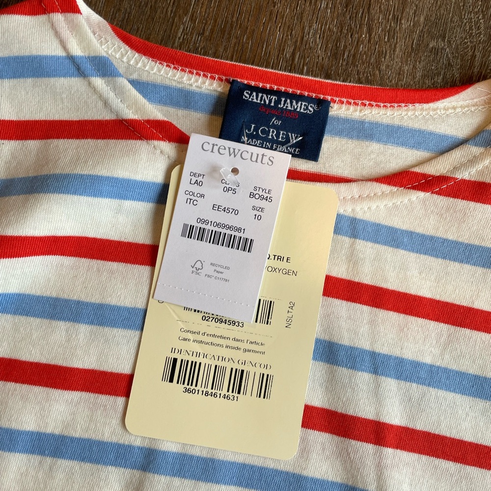 Saint James x J. Crew Kids Cotton Long Sleeve Striped Shirt, Sz 10, NWT - Picture 3 of 4